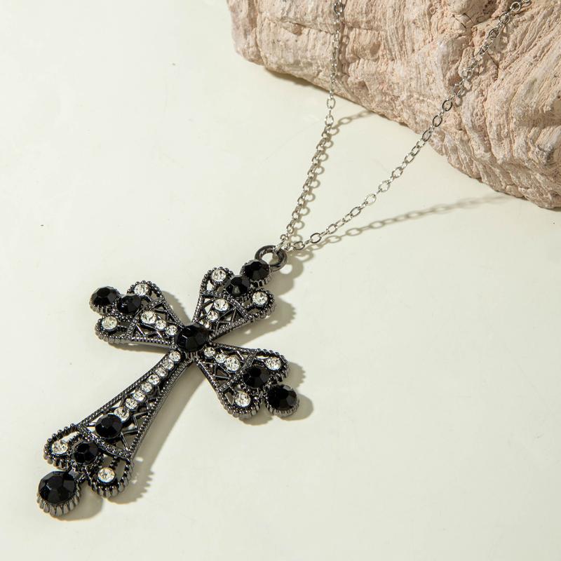 Gothic Hollow Out Diamond Studded Cross Pendant Necklace Set Y2K Personalized Thorn Love Black Bead Stacked Necklace Set
