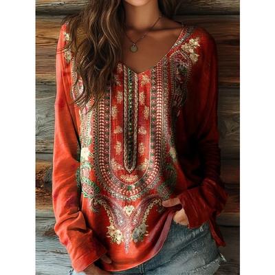 Damen Casual T-Shirt 3D-Druck Ethno-Stil Vintage-Drucke Rundhals Retro Elegant Langarm Damenmode Pullover Langarm-Oberteile