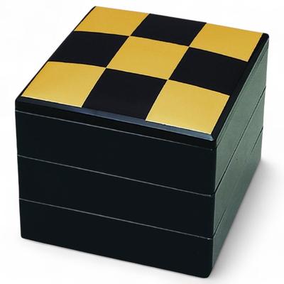 J-kitchens Dinner Lacquerware Jubako Box, 3 Tiers, 7-inch, Spring Breeze Black Checkered Design, 20cm, Resin, Made In Japan, PNO. 634402