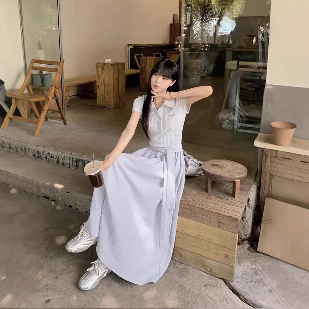 Blue Polo Collar Short-sleeve Dress for Women, New Summer Sweet, Super Pretty, Preppy Style, Waist-cinching Long Dress