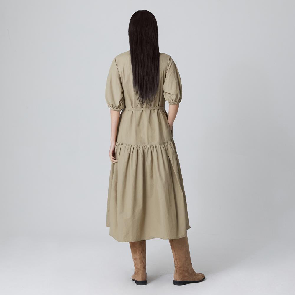 Rap Round Neck Shirred Belted Long Dress Ar3Wo861