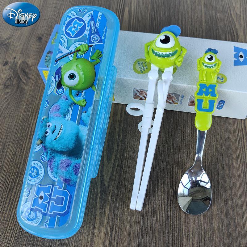 Disney 3D Cartoon Children's Stainless Steel Cutlery Set: Fork, Spoon, and Training Chopsticks