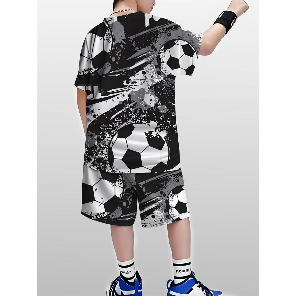 Summer New Children's Sports Set Casual Sports Men's 3D Printed Children's Football Pattern T-shirt Short Sleeve Set