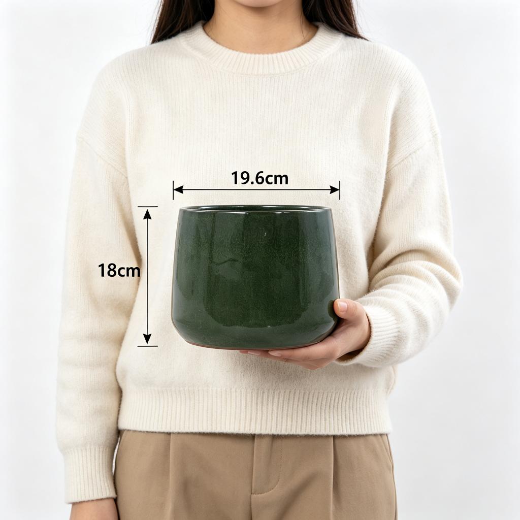 Handmade Ceramic Plant Pot Set 4-Piece (33/26/20/15 cm), Glossy Dark Green Glaze, Breathable, Frost-Resistant, Drainage Holes for Garden & Balcony