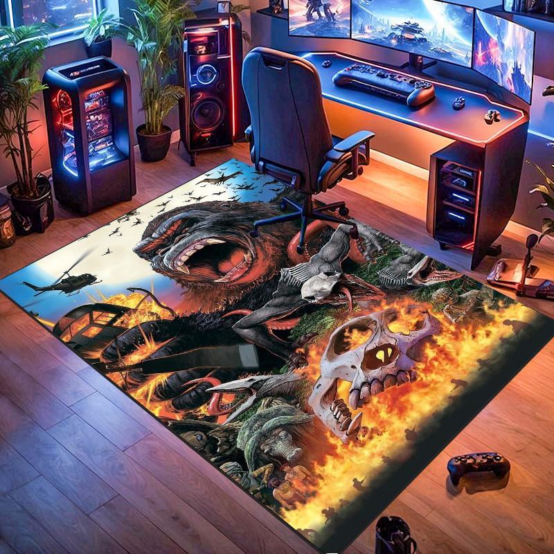 Giant Monster Beast Battle Scene Print Area Rug Non‑Slip Rectangular Floor Mat Fantasy Creature Decor Rug for Gaming Room Bedroom Living Room