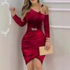 Autumn Solid Color Diagonal Neck Slim Velvet Buckle Dress Women's Clothing