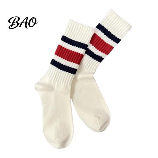 Moisture Wicking Sports Socks Unisex Mid-calf Socks, Cotton Contrast Striped Crew Thickened Terry Athletic for Autumn And Winter Daily Wear