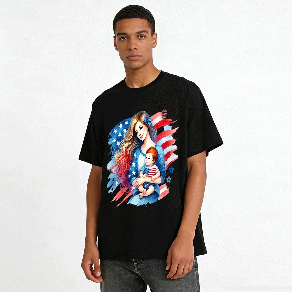 American Flag Print Casual Top for Mom and Baby Pure Cotton T-shirt