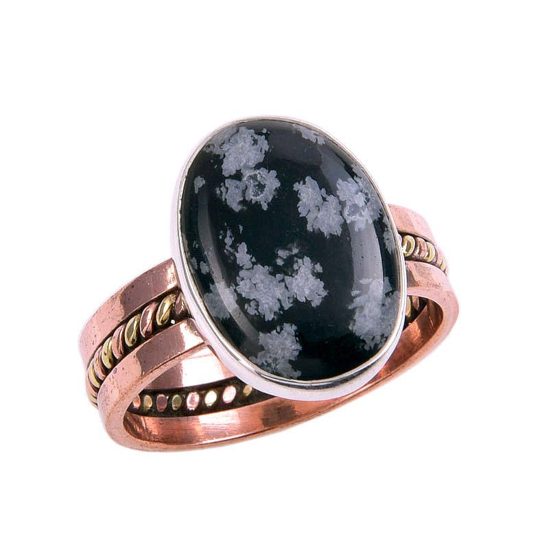 Natural Snowflake Obsidian Gemstone 925 Sterling Silver Two Tone Ring S.9.5 o0K79