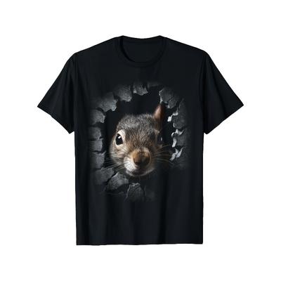 European Sizes Men's T-Shirt with 3D Squirrel Breaking Through Wall Graphic - Black Casual Short Sleeve Round Neck Tee