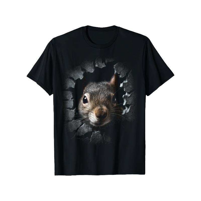 

European sizes Men s T-Shirt with 3D Squirrel Breaking Through Wall Graphic - Black Casual Short Sleeve Round Neck Tee 4XL чорний