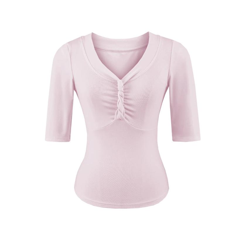 V-neck kinky mid-sleeved T-shirt women's summer new American Spice Girl solid color tight yoga sports bottoming top