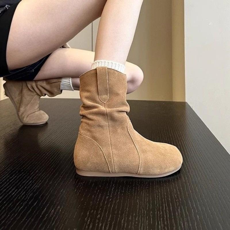 Fashion Women's Fashion Suede Ankle Boots Outdoor Casual Flat Boots Comfortable Soft Western Cowboy Boots Retro Slip On Lady Shoes