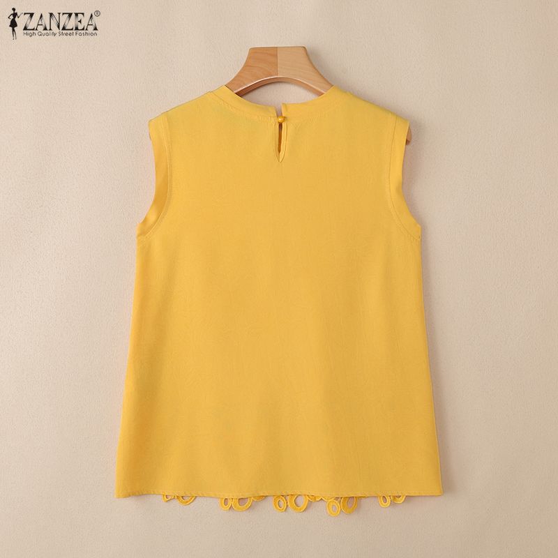 ZANZEA Women Lace Crochet Splice Summer Casual Rpund Neck Sleeveless Tank Tops