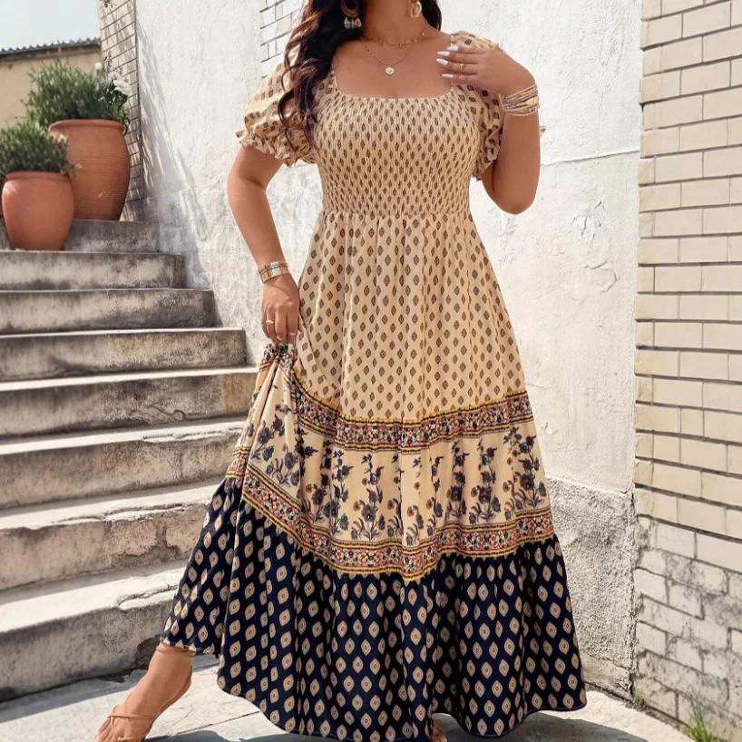 Plus Size Bohemian Print Short Sleeve Dress Large Size Printed Pattern Women s Beach Dresses M хаки