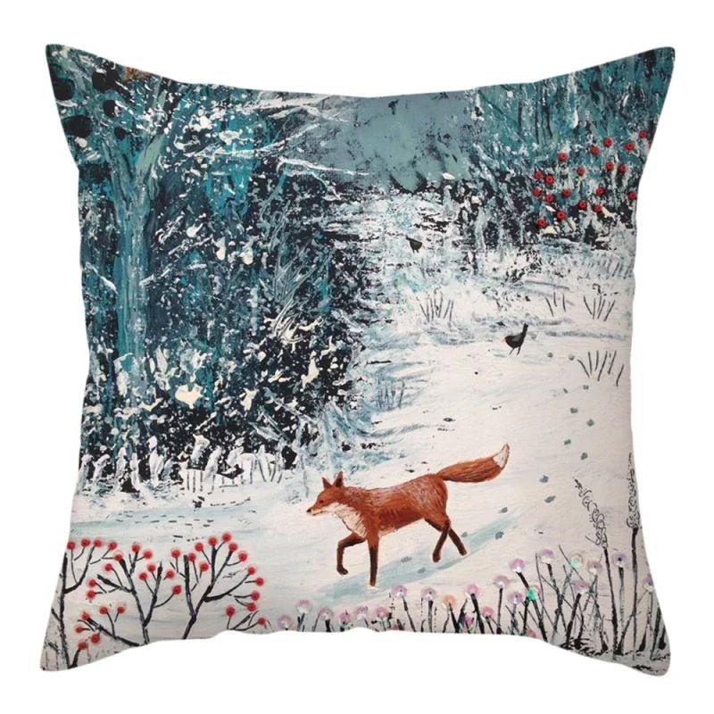 Home decoration in the snow forest elk Christmas print pillowcase bedroom living room sofa decoration pillowcase cushion cover