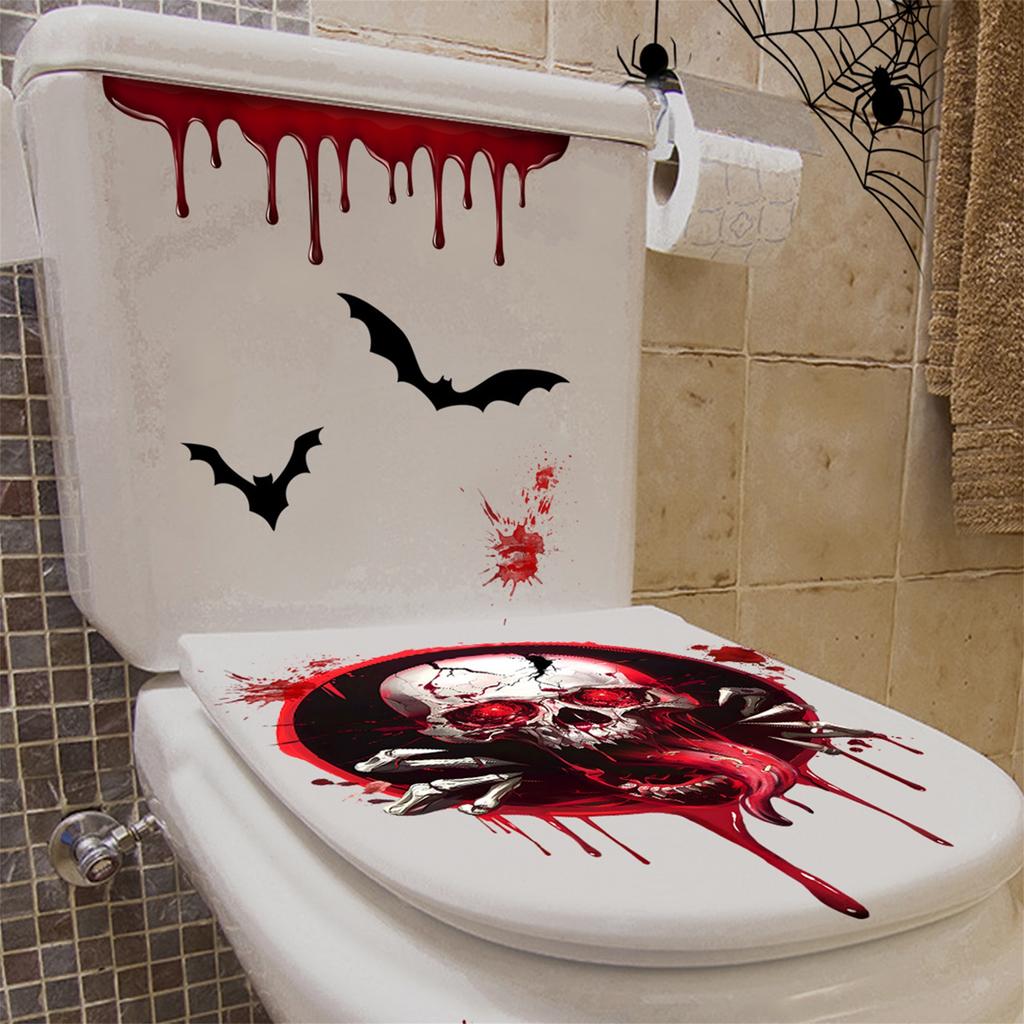 Spooky Halloween Decorations Set Self-Adhesive Skull Bat Wall Stickers for Bathroom Waterproof and Removable Toilet Seat Lid