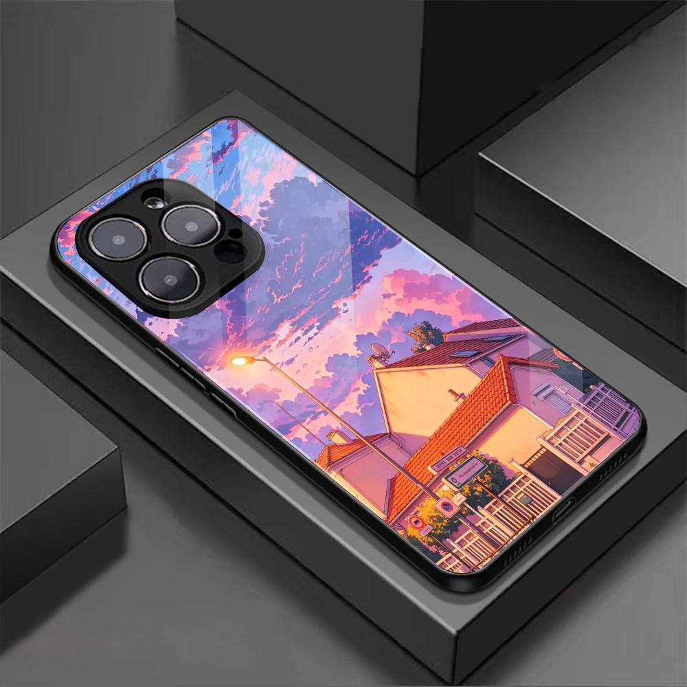 Dusk Sunset Scenery Tempered Glass Shockproof Case For iPhone 17 16 15 14 13 Pro Max Plus Lens Protection Phone Back Cover