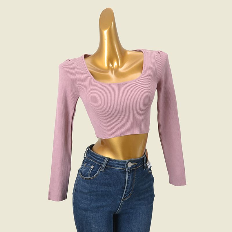 Foreign Trade Square Collar Slimming High Waist Pullover Long-Sleeved Sweater
