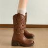 Fashion Punk Vintage Hollow Out Women Western Cowboy Boots Autumn Ladies Causal Thick Heel Long Botas Zapatos De Mujer