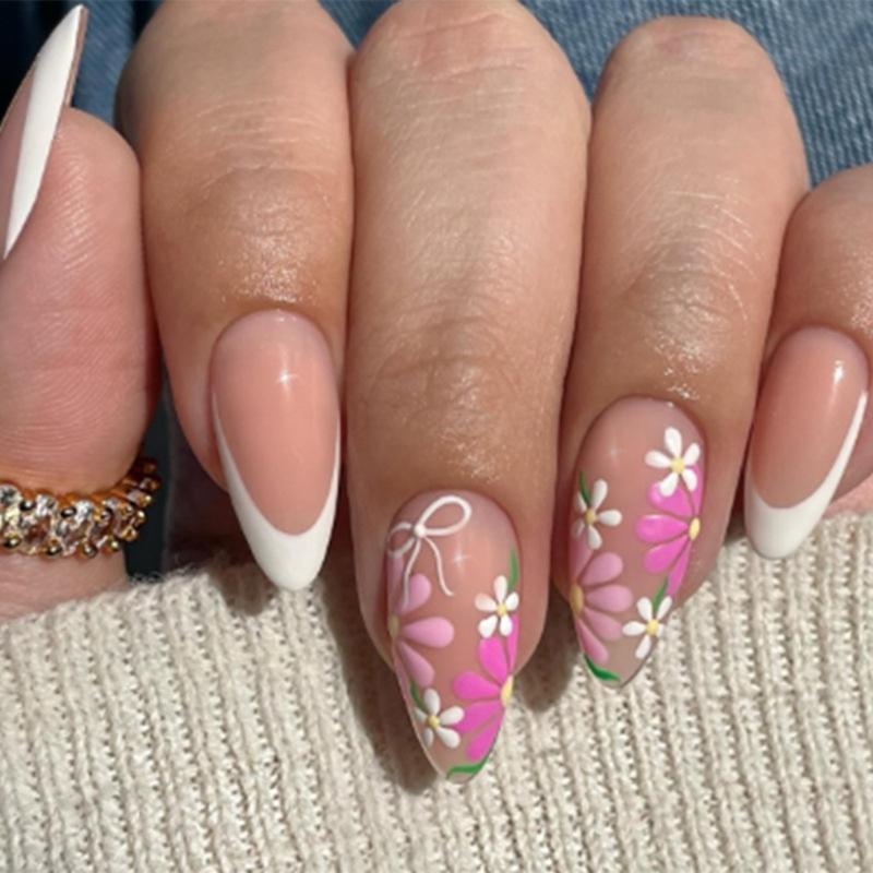 24Pcs Almond Press On Nail Flower French Fake Nail Acrylic False Nail,Artificial Nail Glues On Nail for Womens Girls