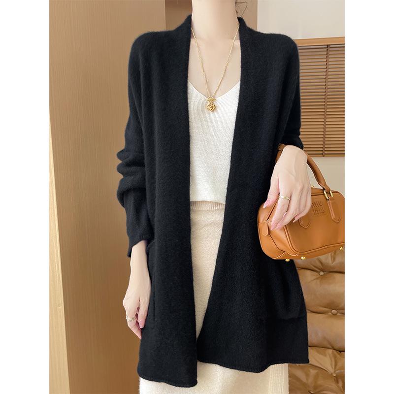 Women's Wool Knit Cardigan - Autumn/Winter 2024, Loose Mid-Length Long Sleeve Sweater/Jacket