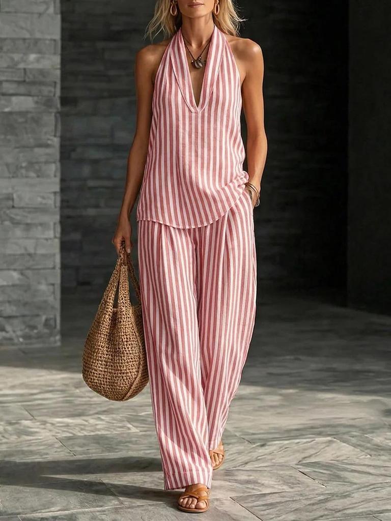 Women Striped Halter Neck Sleeveless Jumpsuit Wide Leg Pants with Pocket