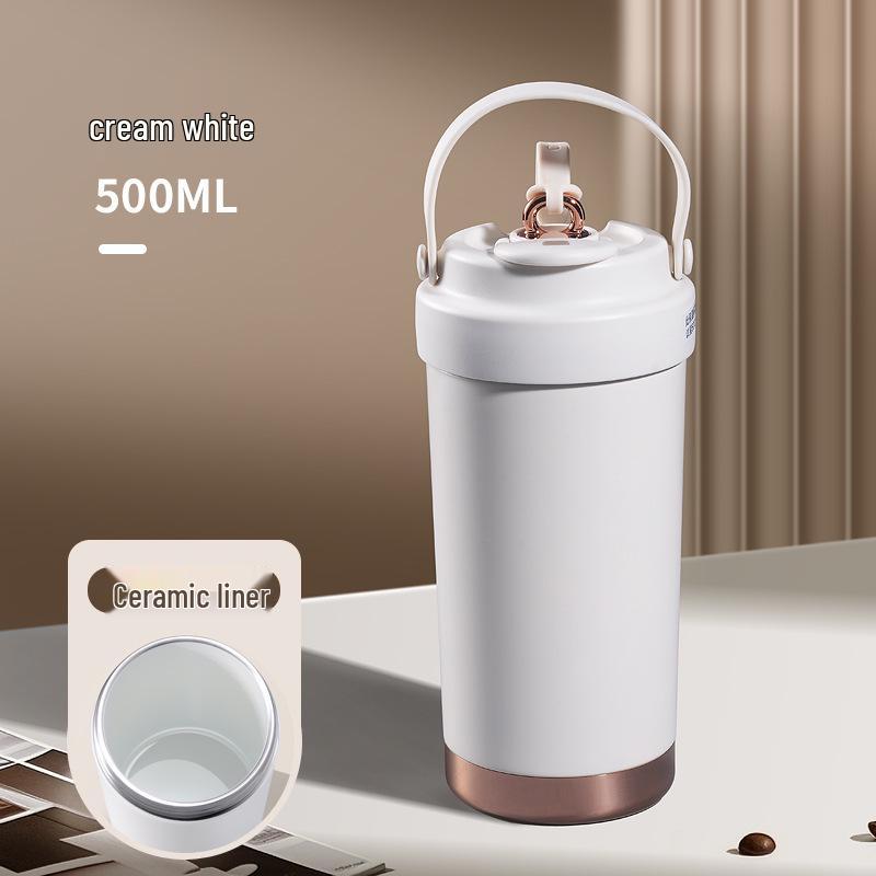 Premium Ceramic Coffee Cup with Straw - Insulated Double Wall Design for Men & Women, Cold/Heat Retention, Engraved Handle.