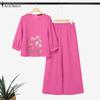 ZANZEA Women 3/4 Sleeve Floral Blouse and Pants Summer Two Piece Suit Sets