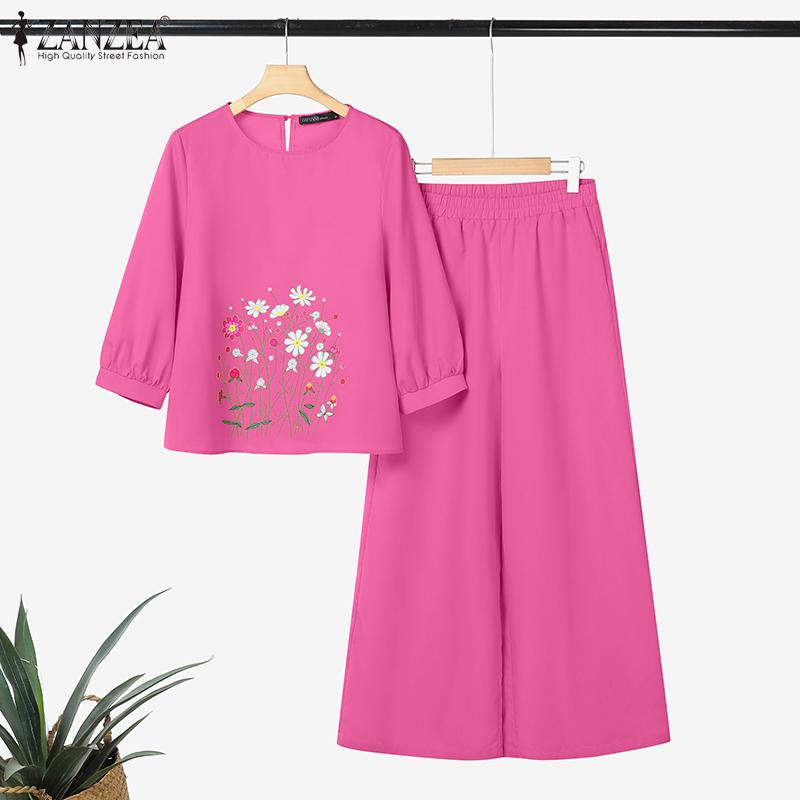 ZANZEA Women 3/4 Sleeve Floral Blouse and Pants Summer Two Piece Suit Sets