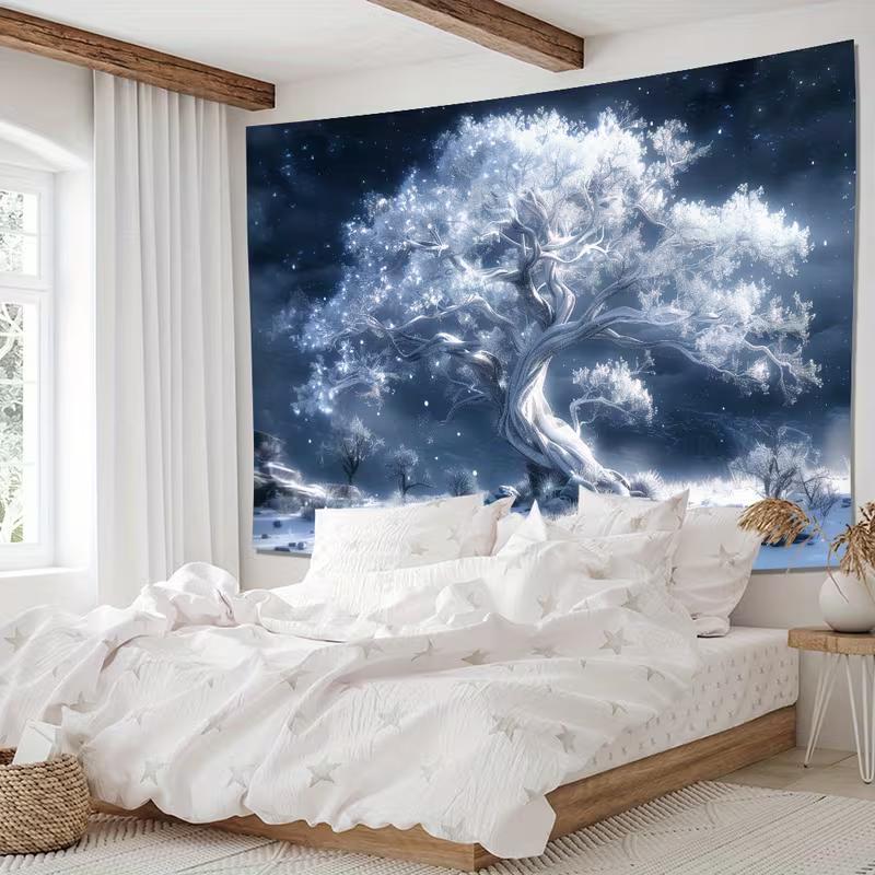 2D Mystical White Ice Tree Tapestry Glowing Winter Night Fantasy Wall Decor Cloth for Home & Bedroom
