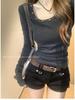 Korean Style Slim Fit Round Neck Rivet Long Sleeve Top for Women - Spring Solid Color