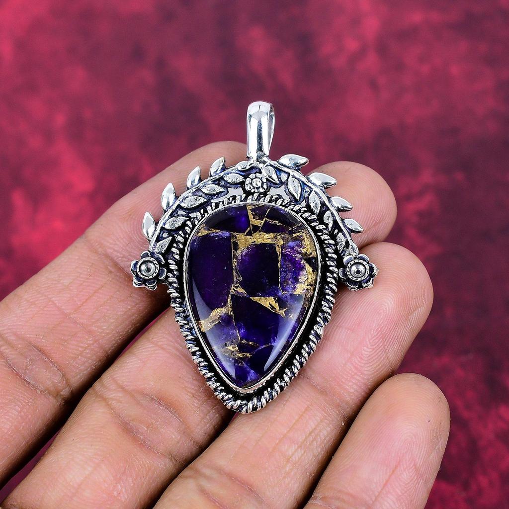 Purple Copper Turquoise Pendant, 925 Solid Sterling Silver Jewelry, Gemstone Pendant, Gift For Her Handmade Dainty Jewelry