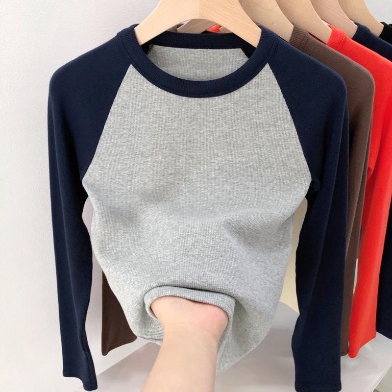 Top feminino de algodão com alta elasticidade, outono e inverno, vintage, contraste, raglan, cintura alta, manga comprida
