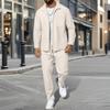 2025 Men's Slim Fit Autumn Waffle Cardigan Jacket Set with Zip Placket, Pockets, and Turn-down Collar