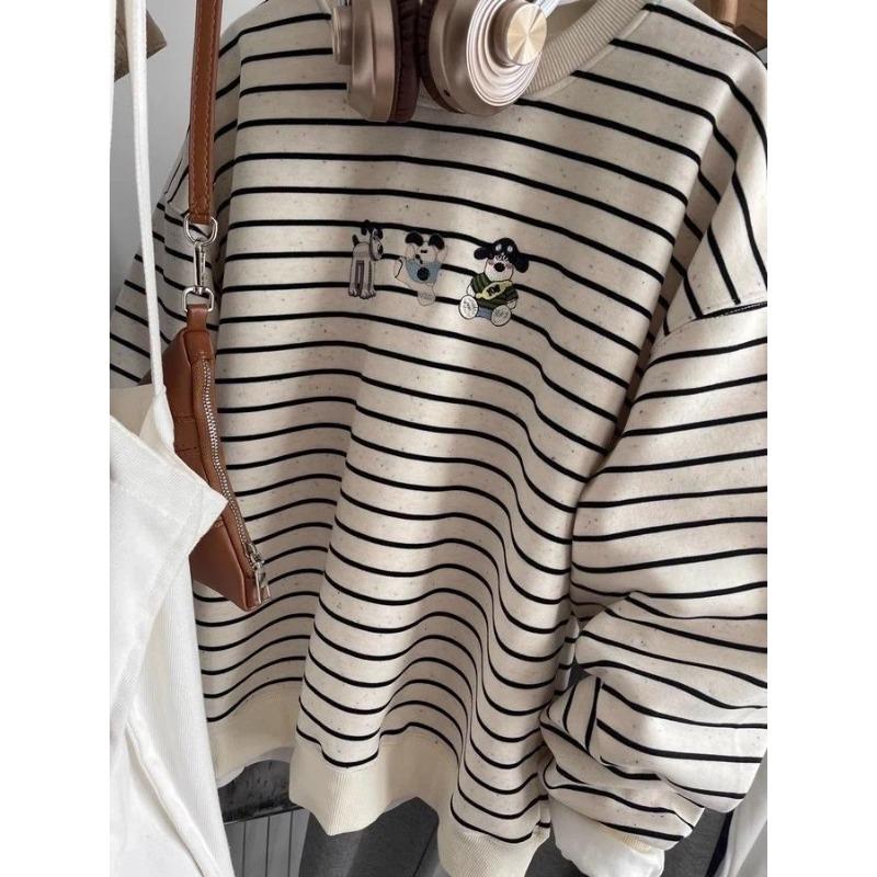 Sweatshirt for Women Oversize Stripes Thickened Loose Round Neck Casual Pullover Long Sleeve Winter Sweatshirt Top