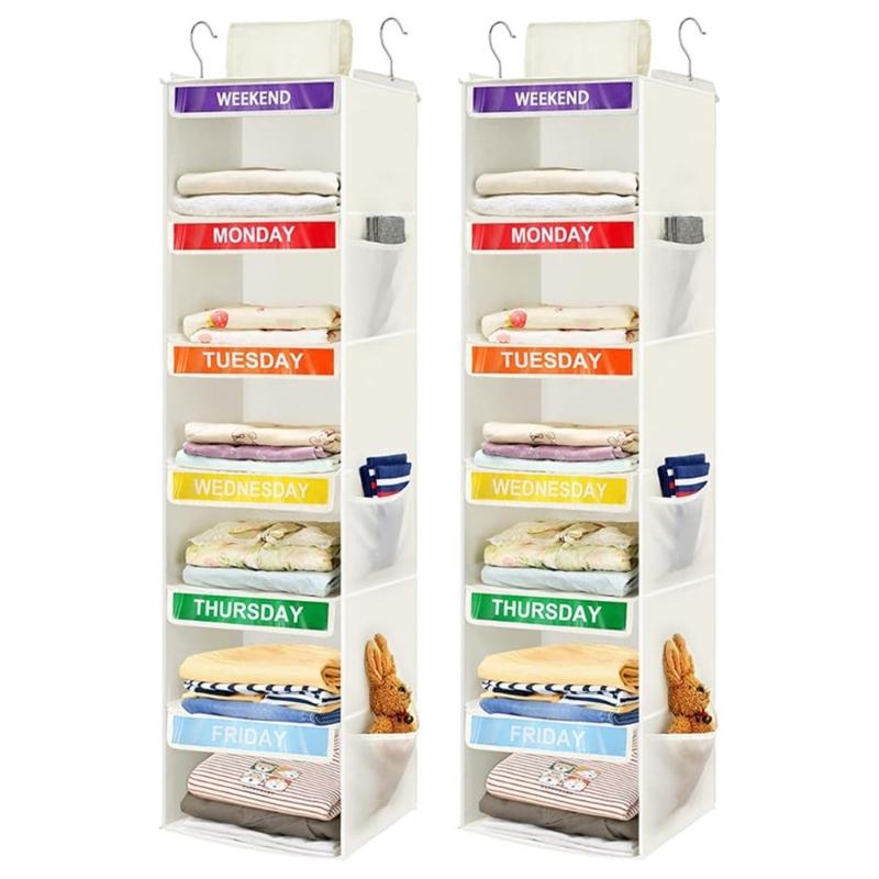 Hanging Closet Shelves for Kids Clothes, 6 Section Weekly Storage with Side Pockets and Fabric Shelf Design for Home Use