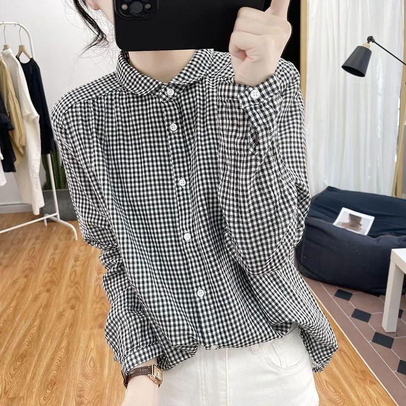 

Хлопковая клетчатая рубашка с длинными рукавами, женская, весна-осень, стильная, универсальная, нишевая рубашка, топ 3XL