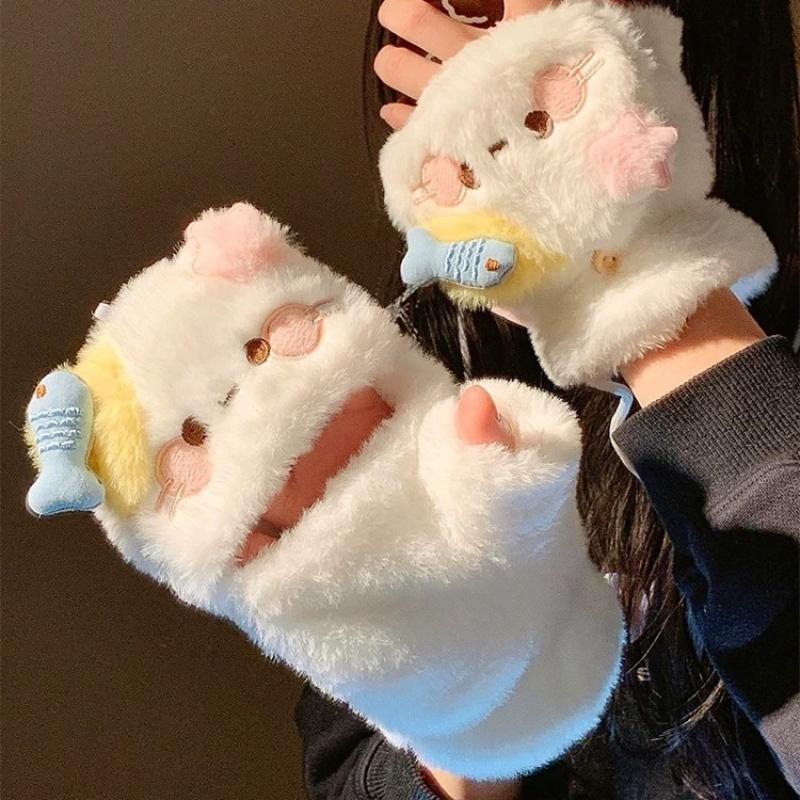 Lovely Cat Cartoon Flip Plush Gloves Warm Cold Student Gloves Women Winter Outdoor Soft Thickened Half Finger Touchscreen Gloves