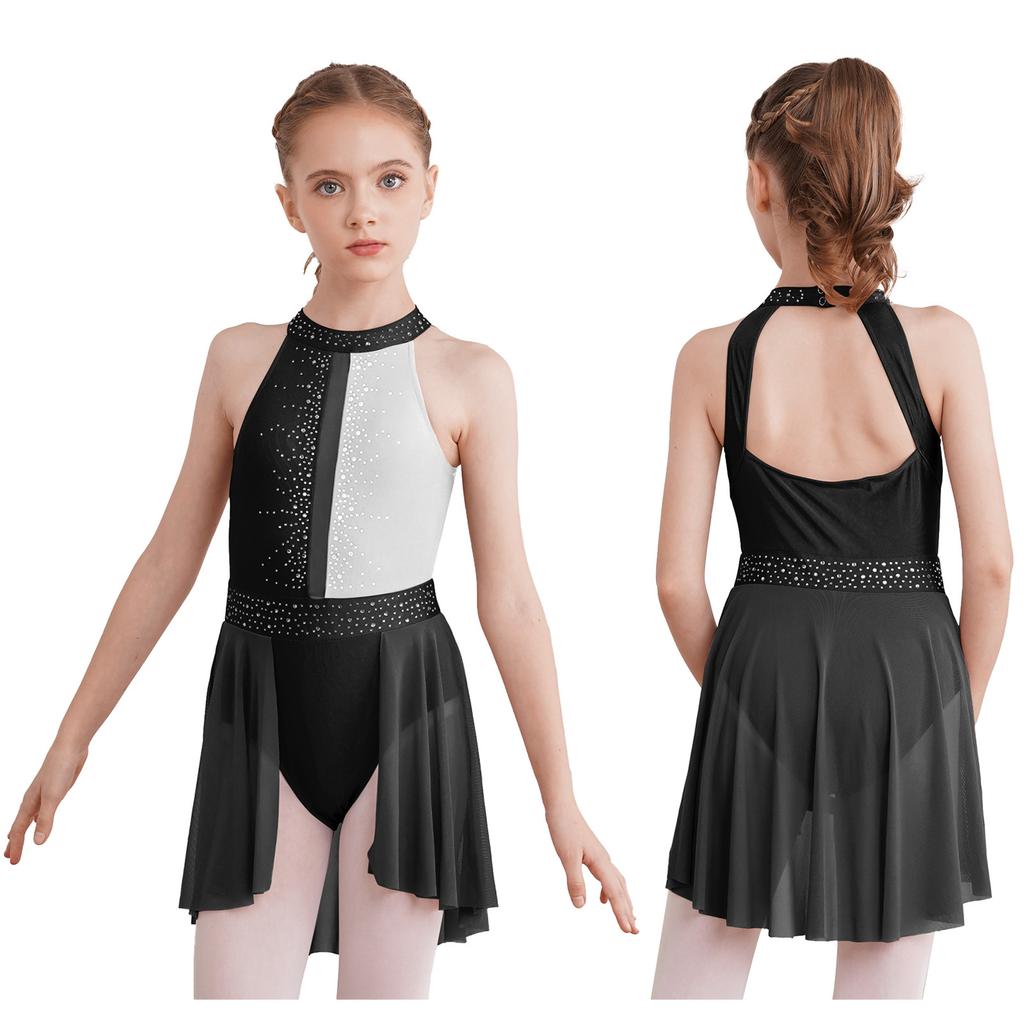 Kids Girls Sleeveless Shiny Rhinestone Decor Backless Leotard Dress for Lyrical Contemporary Dance