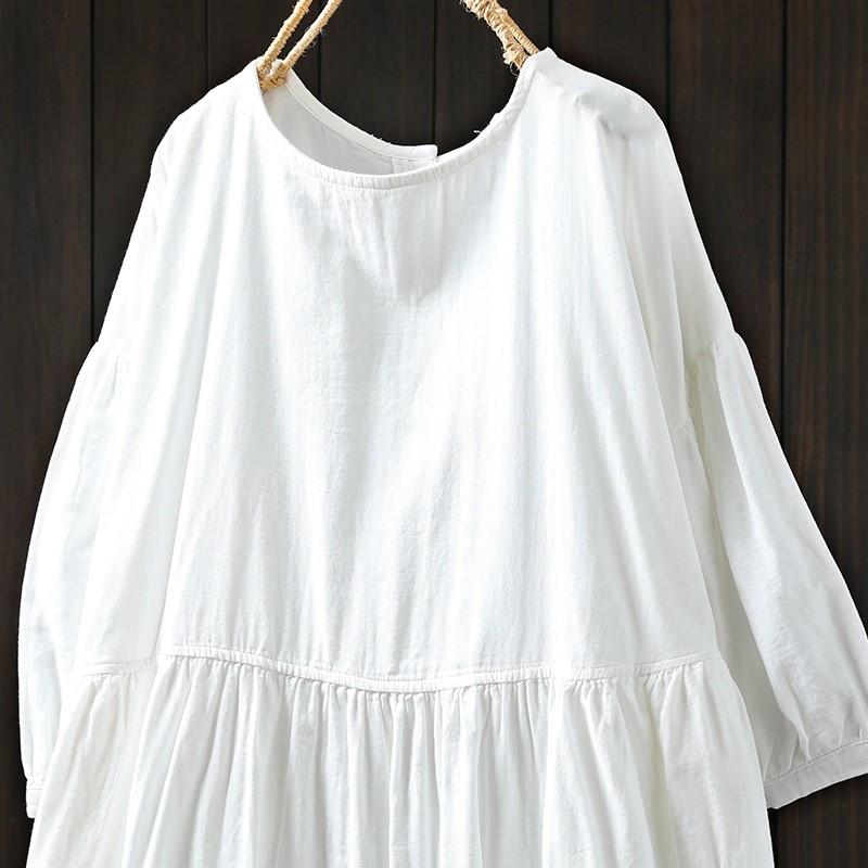 Johnature Women Vintage Dresses O-Neck Half Sleeve Soft Solid Color Summer Casual A-Line Female Dress