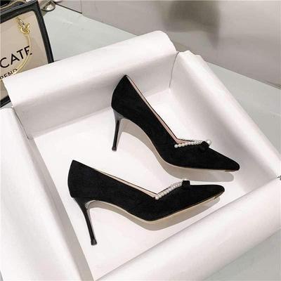 Niche Temperament 2025 New Suede French Pointed Head High Heel Thin Heel Women's Single Shoes Versatile Work Pearl Four Seasons
