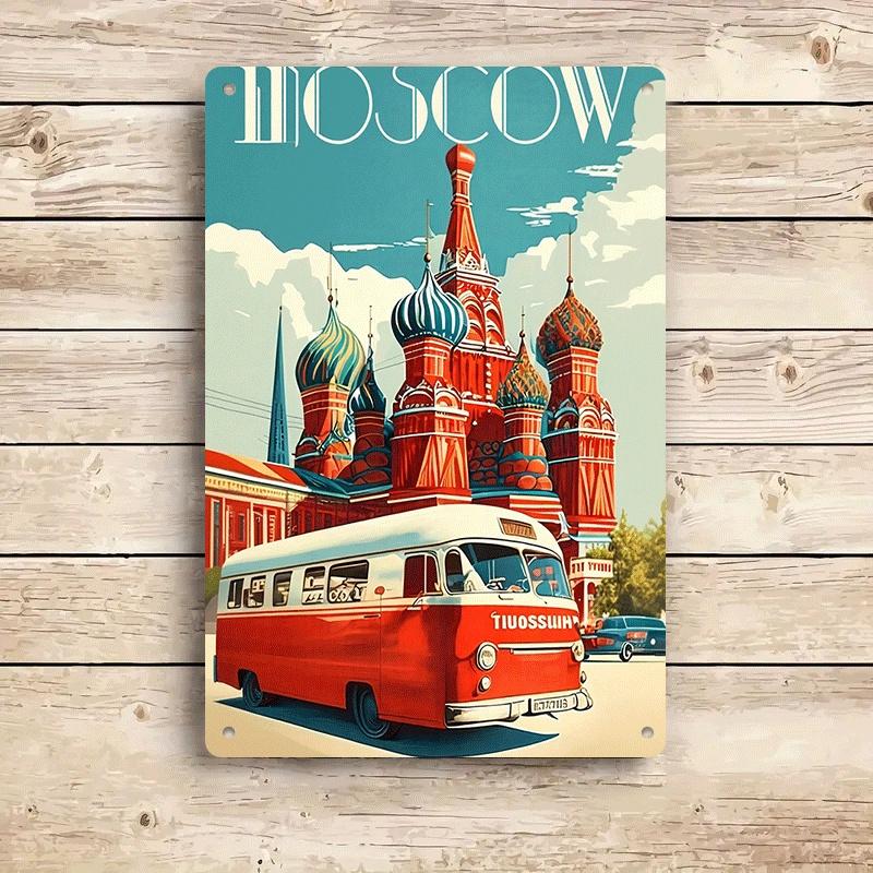 1 item: Retro bus tin painting of St. Basil's Cathedral, Moscow; decorative painting for living room/study; Russian style home w