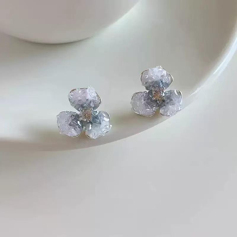 25th Anniversary Pink Crystal Flower Stud Earrings - Gradient Color Four-Leaf Clover Design