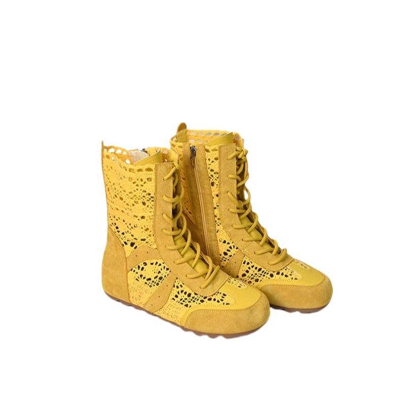

Летние короткие ботинки, высокие боксерки, женские 2025 новые тренировочные туфли на мягкой подошве в немецком стиле, полые дышащие повседневные ботинки Мартин 40 жёлтый