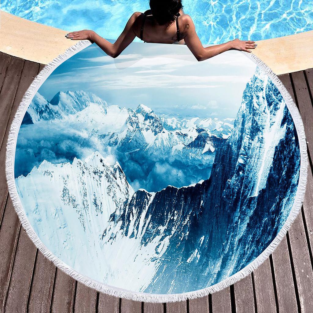 Snow Mountain Round Beach Towel Microfiber Nature Scenery Beach Blanket Absorbent Quick Dry Sand Free Bath Towel Picnic Yoga Mat