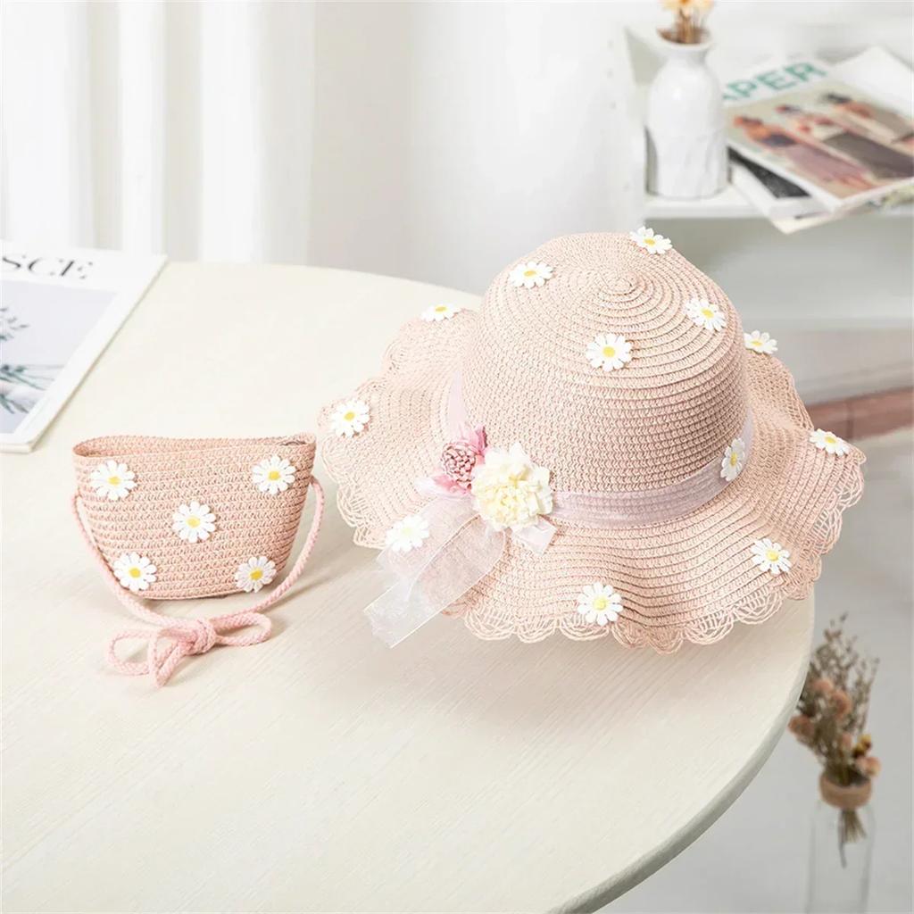 New Summertime Cute Children Straw Hat + Handbag Bag Girls SummerOutdoor Beach Cap Cute Bow Travel Beach Sun HatCrossbody Bag