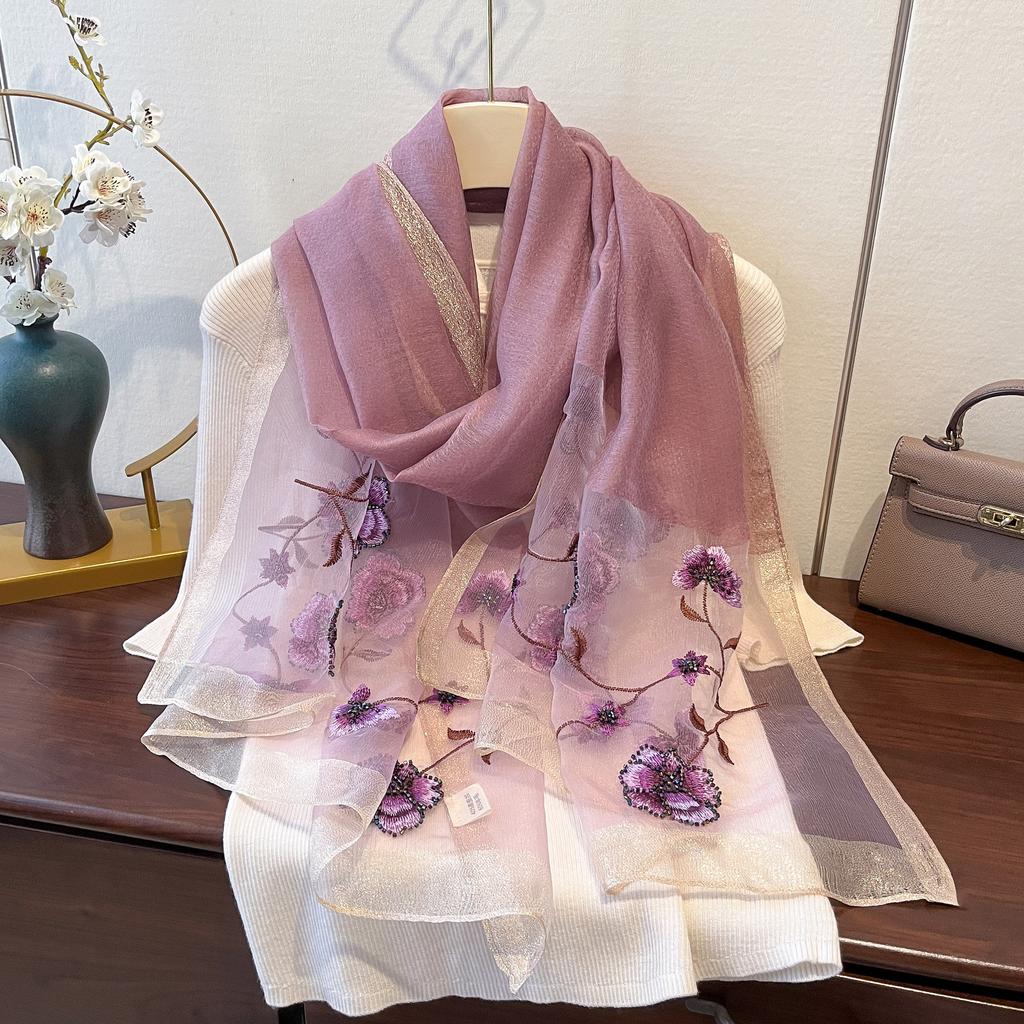 Nuovo Sciarpa Estiva Sottile in Seta di Gelso Ricamata con Peonie Seta Sciarpa Ricamata in Seta Lana per Donna Scialle di Alta Gamma