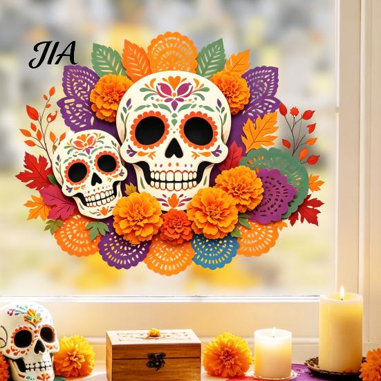 Decorative Holiday Gifts Day of The Dead Window Static Sticker, Flower Skull PVC Sugar Decals Decals, Waterproof Halloween Glass Clings for
