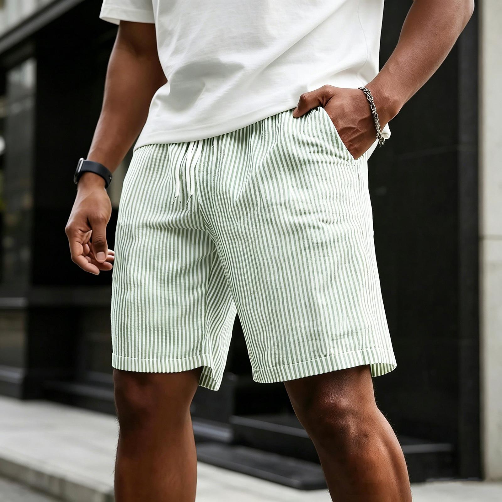 

Men Drawstring Waist Striped Shorts Casual Loose Fit Five Length Athletic Shorts for Spring and Summer Breathable Fabric S зелёный